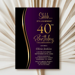 Black Gold Purple Surprise 40th Birthday Invitation
