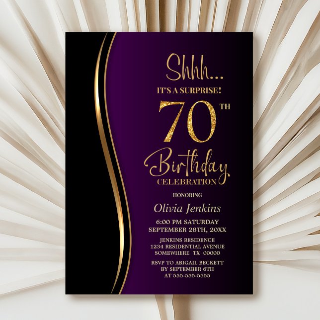 Black Gold Purple Surprise 70th Birthday Invitation (Creator Uploaded)