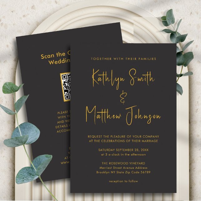 Black Gold QR Code All In One Modern Chic Wedding Invitation (Creator Uploaded)