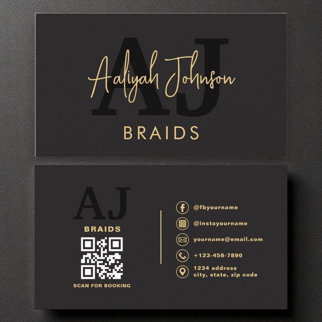 Black Gold QR Code Braids Hair Stylist Business Card (Creator Uploaded)