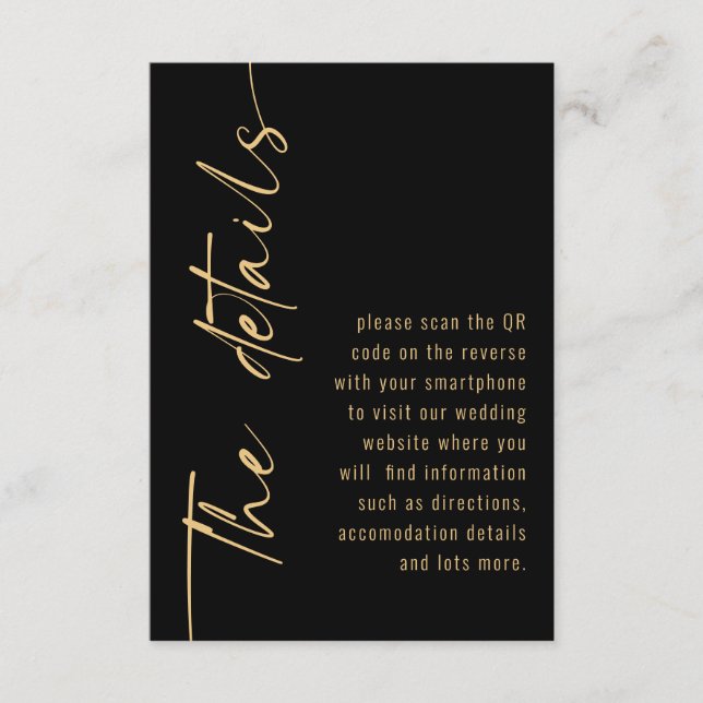 Black Gold QR Code Calligraphy Wedding Details Enclosure Card (Front)
