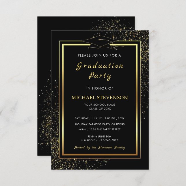 Black Gold QR Code Graduation Invitation Template (Front/Back)