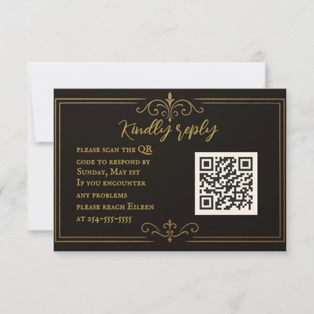 Black Gold QR Code Wedding RSVP Card (Front)