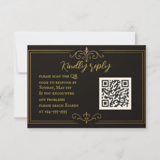Black Gold QR Code Wedding RSVP Card