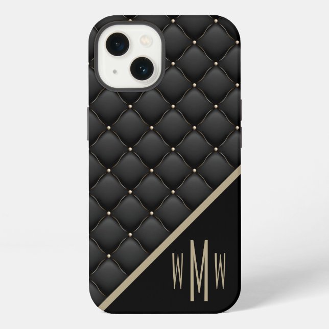 Black Gold Quilted Pattern Monogram iPhone Case (Back)