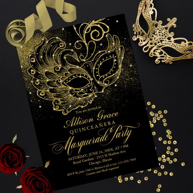 Black Gold Quinceanera Masquerade Invitation (Creator Uploaded)