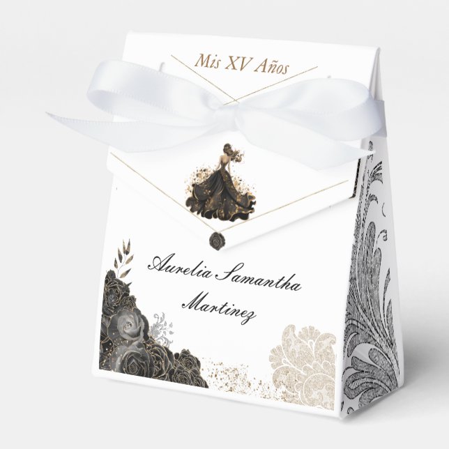 Black Gold Quinceañera Recuerdo Favour Box (Front Side)