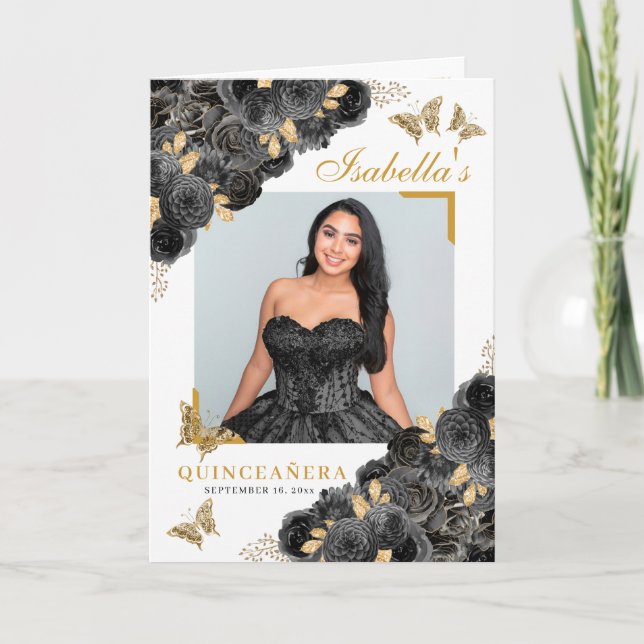 Black & Gold Quinceanera Tiara Butterflies Program (Front)