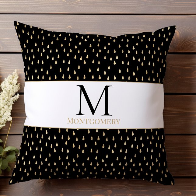 Black Gold Raindrop Modern Trendy Monogram Cushion (Creator Uploaded)