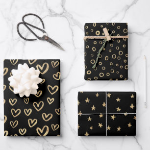 Black Gold Random Patterns Hearts Stars Circles Wrapping Paper Sheet