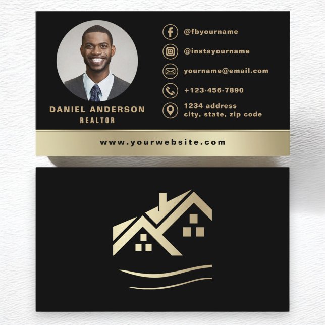 Black Gold Real Estate Realtor Photo Logo Modern Business Card (Creator Uploaded)
