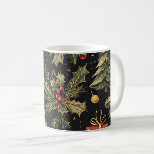Black Gold Red Christmas Holly Pattern Coffee Mug