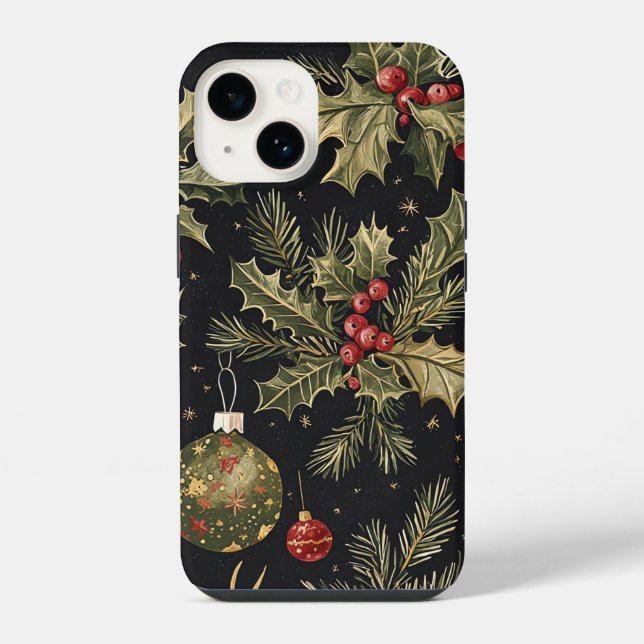 Black Gold Red Christmas Holly Pattern iPhone Case (Back)