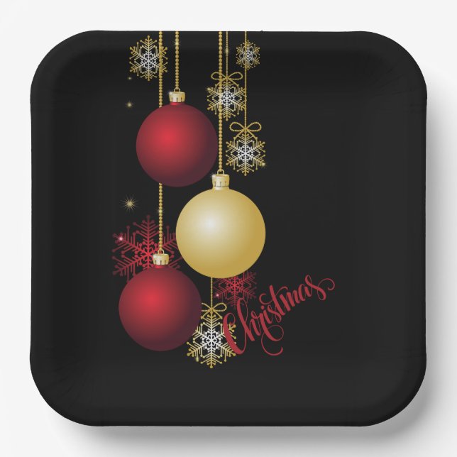 Black, Gold & Red Christmas Party Paper Plate (Front)