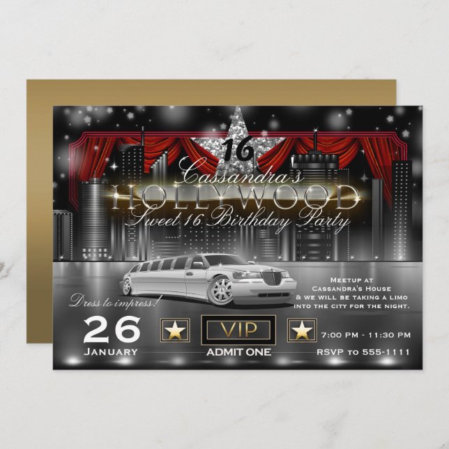 Black Gold Red City Lights Limo Hollywood Party Invitation (Front/Back)