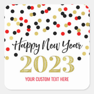 Black Gold Red Confetti Happy New Year 2023 Square Sticker
