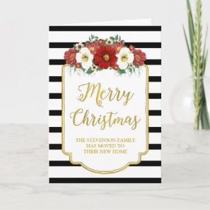 Black Gold Red Floral Merry Christmas New Address Holiday Card