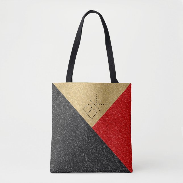 Black Gold Red Glitter Chic Monogram Personalised Tote Bag (Front)