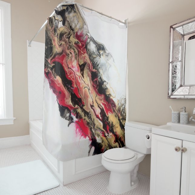 Black Gold Red Negative Space Abstract Shower Curtain (In Situ)