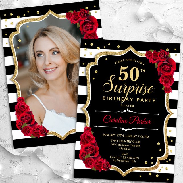 Black Gold Red Photo Surprise 50th Birthday Invitation (Creator Uploaded)