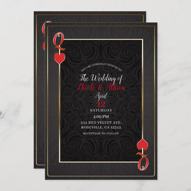 Black Gold & Red Queen of Hearts Elegant Wedding Invitation (Front/Back)