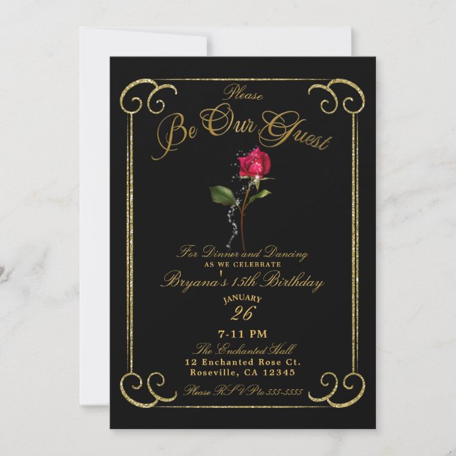 Black & Gold Red Rose Beauty Sweet 16 Birthday Invitation (Front)