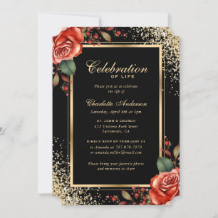 Black Gold Red Rose Photo Celebration of Life Invitation