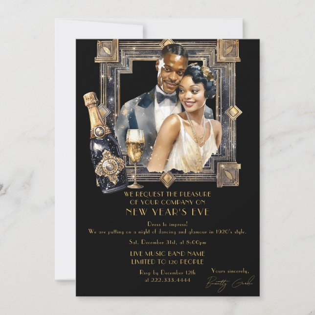 Black Gold Retro 1920 Luxury New Year Party Invitation (Front)
