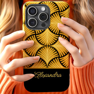 Black Gold Retro 1920s Gatsby Palms Script Name iPhone 15 Case
