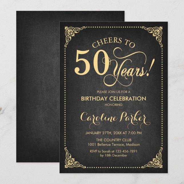 Black Gold Retro 50th Birthday Invitation (Front/Back)