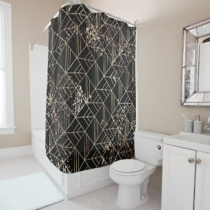 Black Gold Retro Art Deco Geometric Paint Splatter Shower Curtain