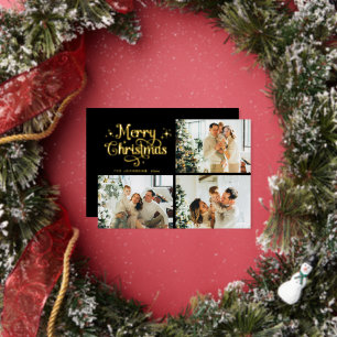 Black & Gold Retro Christmas Family Photo Collage Foil Holiday Card
