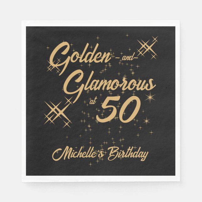 Black Gold Retro Golden Glamorous 50th Birthday Napkin (Front)
