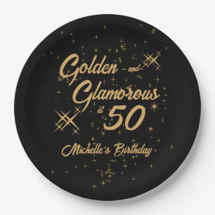 Black Gold Retro Golden Glamorous 50th Birthday Paper Plate
