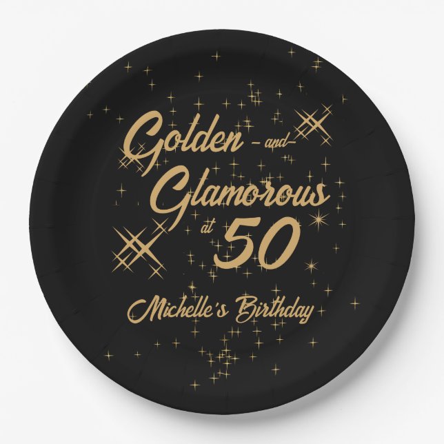 Black Gold Retro Golden Glamorous 50th Birthday Paper Plate (Front)