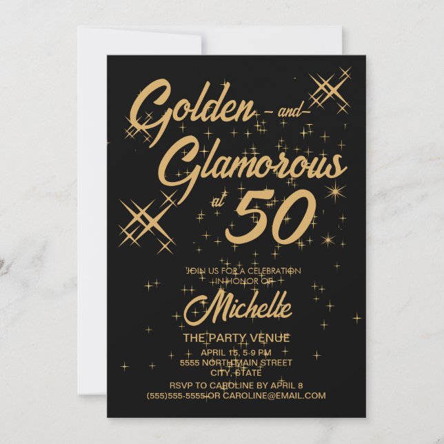 Black Gold Retro Golden Glamourous 50th Birthday Invitation (Front)
