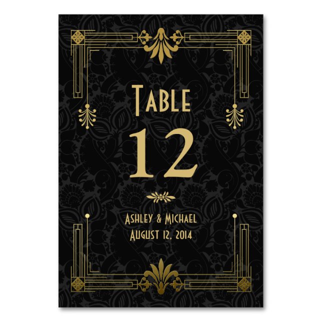 Black Gold Roaring 20s Art Deco Wedding Table Number (Front)
