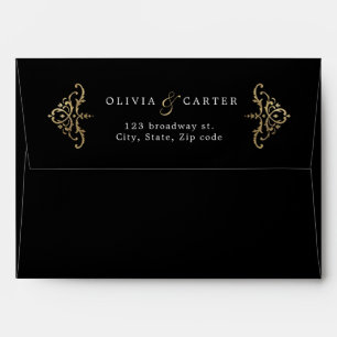 Black gold romantic vintage wedding return address envelope