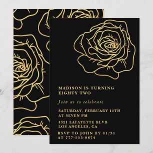 Black Gold Rose 82nd birthday invitations 