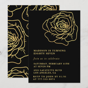 Black Gold Rose 87th birthday invitations 