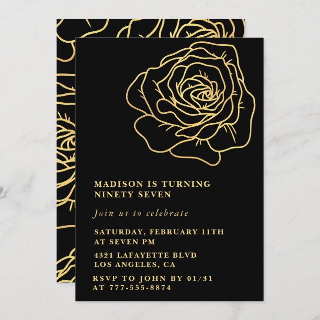 Black Gold Rose 97th birthday invitations  (Front/Back)