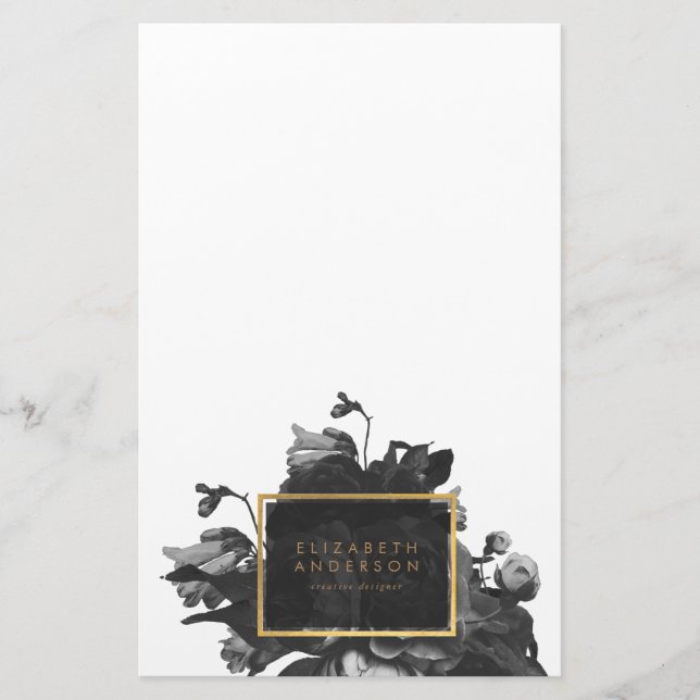 Black Gold Rose Bouquet Stationery (Front)