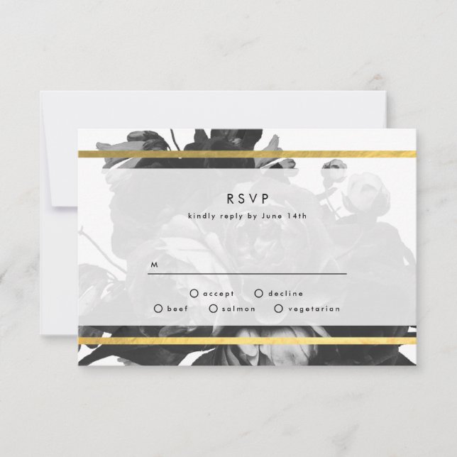Black Gold Rose Bouquet Wedding RSVP Card (Front)