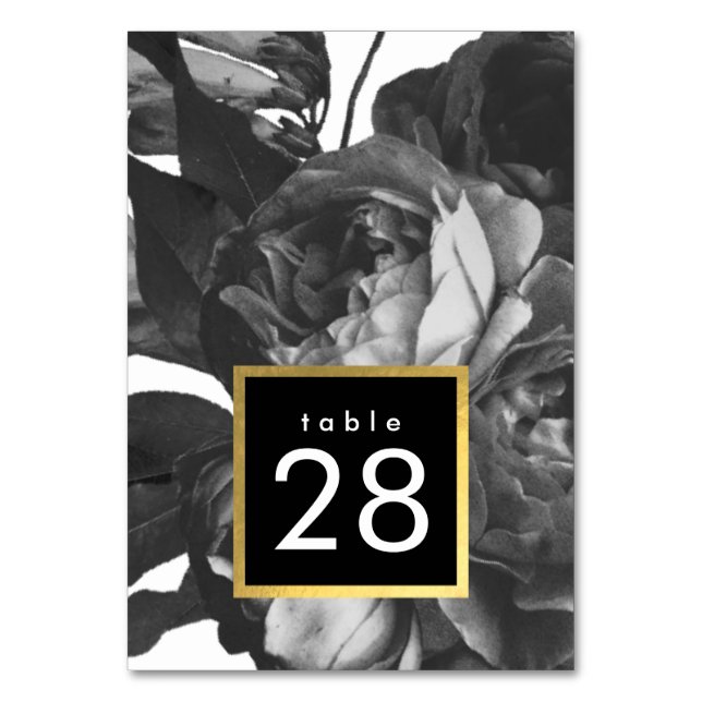 Black Gold Rose Bouquet Wedding Table Numbers (Front)