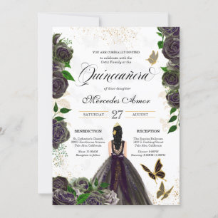 Black & Gold Rose Butterfly Mariposa Quinceanera  Invitation