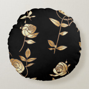 Black & Gold Rose Floral Pattern Round Cushion