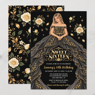 Black Gold Rose Sweet Sixteen Birthday Invitation