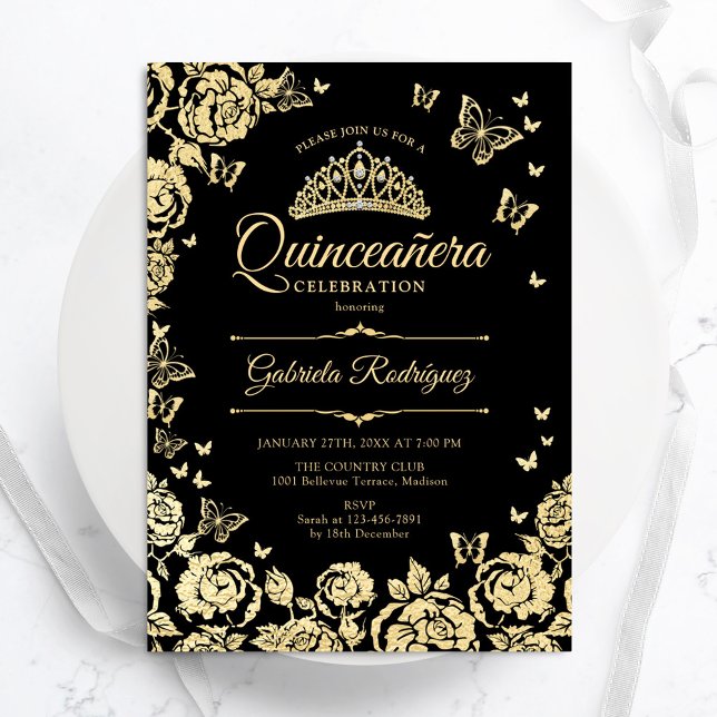 Black Gold Roses Butterflies Quinceanera Invitation (Creator Uploaded)