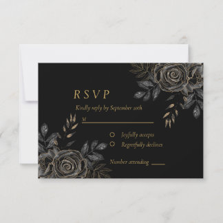 Black & Gold Roses Coffin Gothic Elegant  RSVP Card