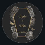 Black & Gold Roses Coffin Gothic Elegant Wedding  Classic Round Sticker<br><div class="desc">Editable elegant gothic wedding sticker.</div>